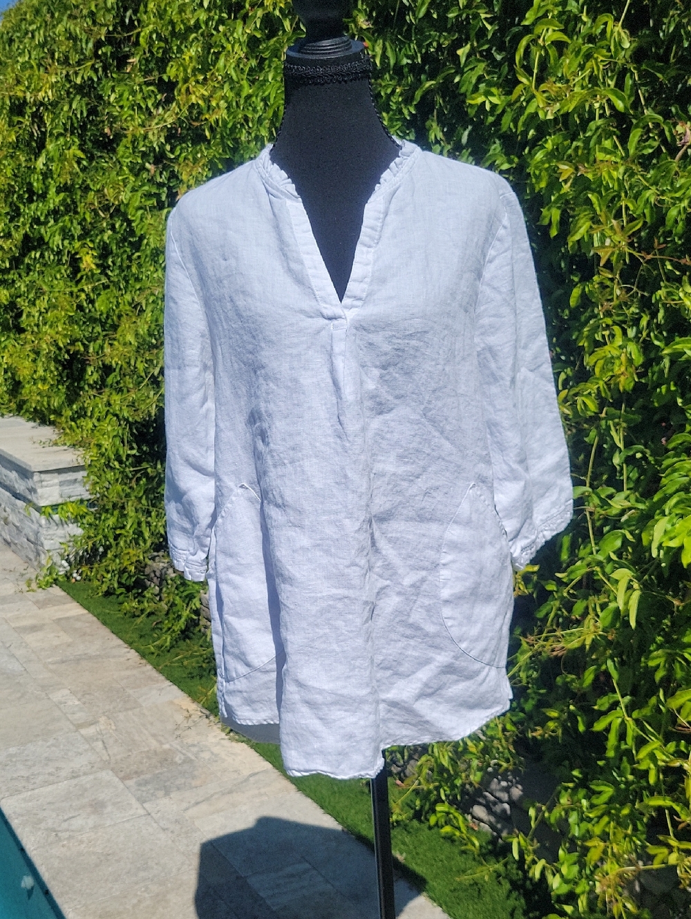 For Cynthia White 100% Linen V-Neck Tunic With Pockets L